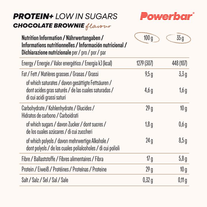 Valeurs nutritives et ingrédients Powerbar Boîte Protein Plus Low Sugar Multiflavour (Chocolat, Vanille, Framboise, Yaourt, Brownie, Expresso, 16 pcs, 560 g)