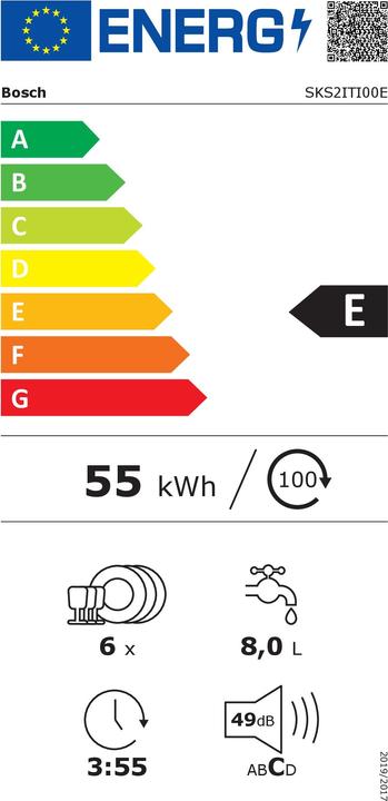 Energy Label Bosch Hausgeräte Series 2, Freestanding compact dishwasher, 55 cm, Brushed steel with anti-fingerprint, SKS2IT