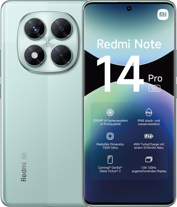 Produktbild Xiaomi Redmi Note 14 Pro 5G (256 GB, Coral Green, 6.67", Dual SIM, 200 Mpx, 5G)