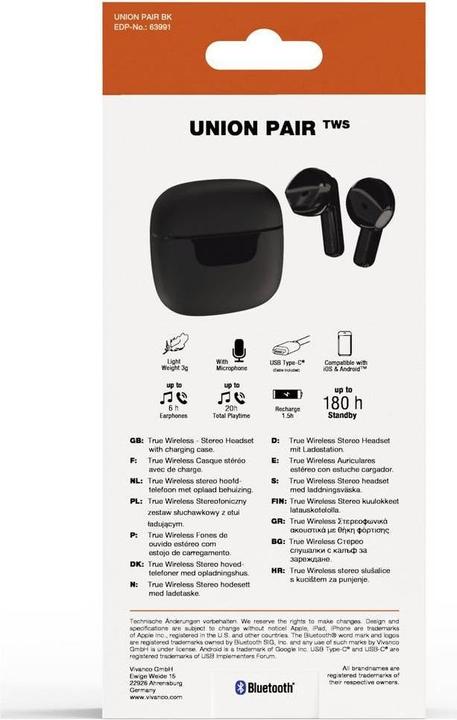 Actual product image Vivanco TWS Bluetooth headphones with LED display case, black (20 h, Cable)