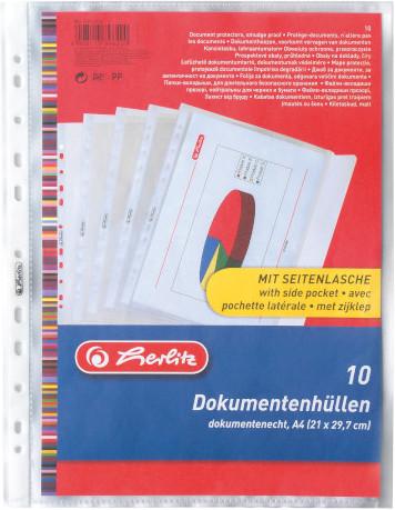 Produktbild Herlitz Prospekthülle mit Verschlusslasche, A4, genarbt 0,12 mm, aus PP-Folie, seitlich offen mit Überschlag (A4, 10 x)