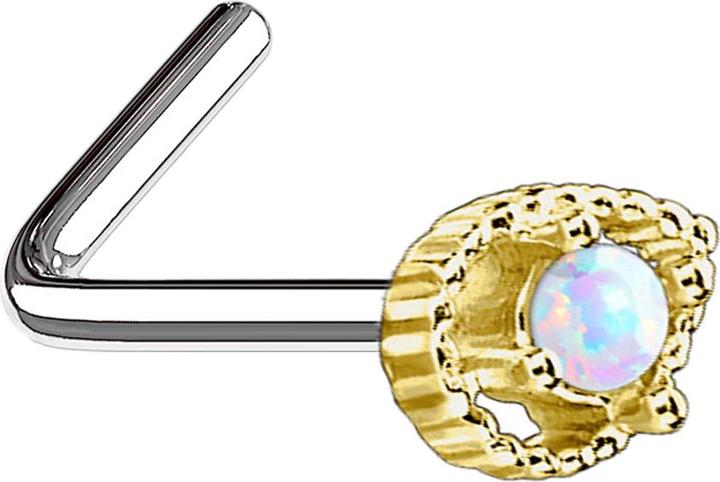 Produktbild Star Piercing Nasenstecker gewinkelt 14k vergoldet Tropfen mit Opal weiss (Chirurgenstahl 316L, Messing)