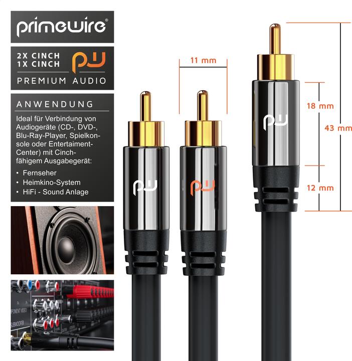 Actual product image Primewire Cinch Audio Cable - Y-Cinch Coaxial Cable - Subwoofer Cable - 1 Cinch Plug to 2 Cinch Plugs (7.50 m, Cinch)