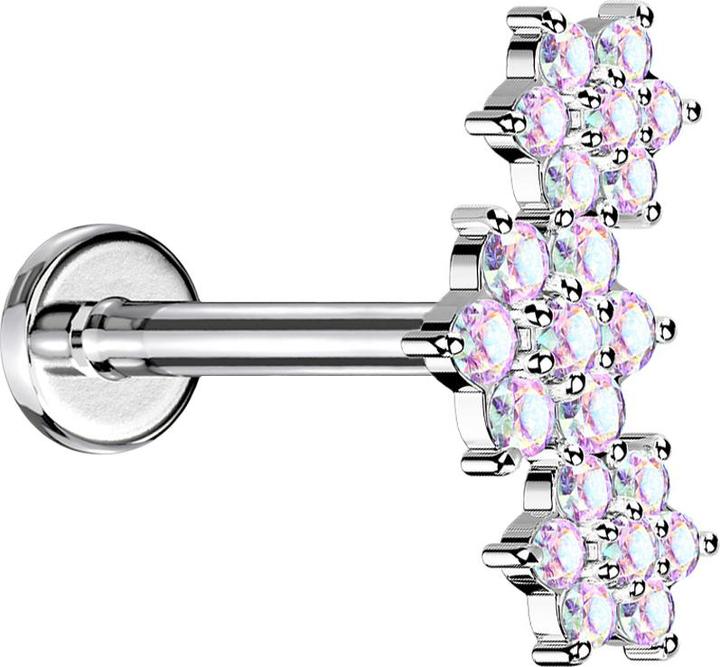 Star Piercing Micro Labret Innengewinde silber drei Blumen Kristalle multicolor (Messing, Chirurgenstahl 316L)