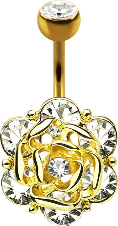 Star Piercing Banane 14k vergoldet mit Kugel Kristall silber Blume mit sechs Kristallen (Messing, Chirurgenstahl 316L)