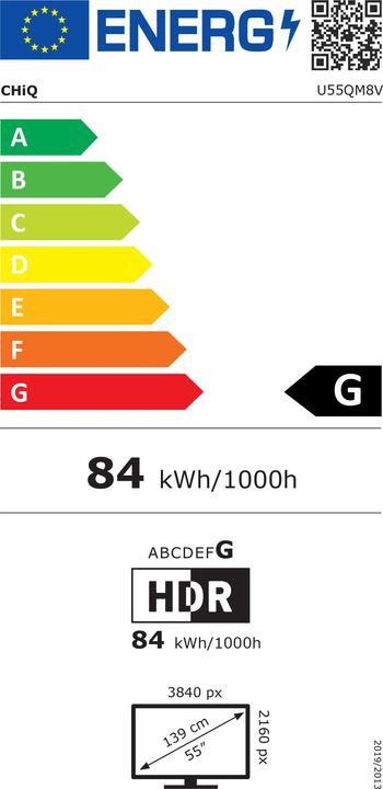 Energie-Label CHiQ U55QM8V (139 cm(55 Zoll), schwarz, UltraHD/4K, Triple Tuner, Android) (55", QLED, 4K)