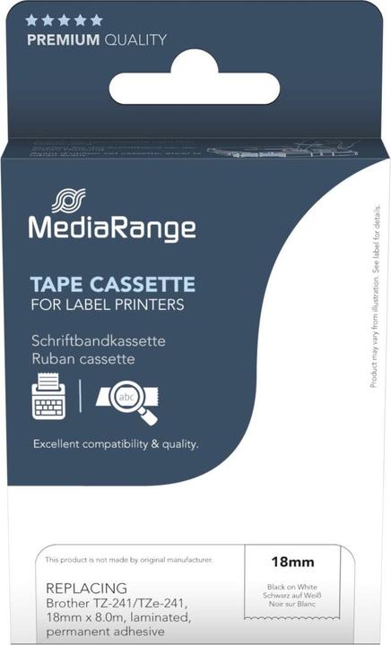 Actual product image MediaRange Typewriter ribbon cassette 18mm black/white Brother TZ-241/TZe-241 8m (1.80 cm, Black)