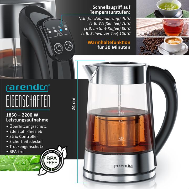 Actual product image Arendo Breakfast set, kettle 1.7l temperature selection, 2-slice toaster & egg cooker for 3 eggs, silver