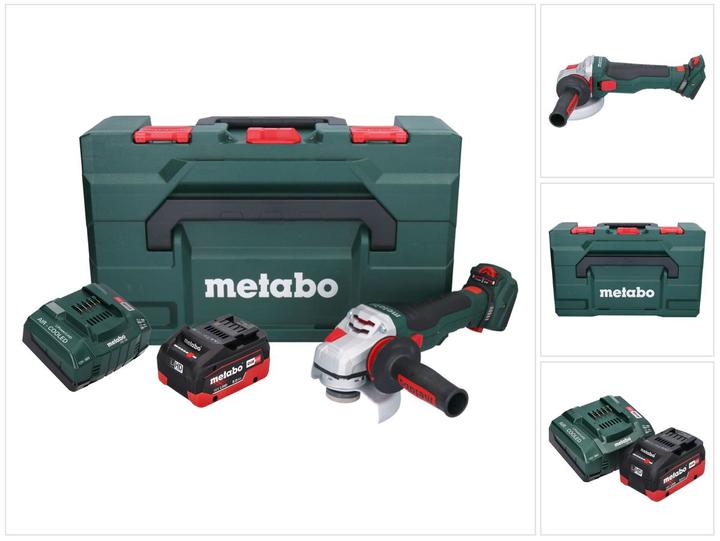 1x flangia di supporto, 1x coperchio di protezione, 1x metaBOX, 1x filtro antipolvere, 1x Dado di serraggio M-Quick, 1x Impugnatura supplementare Metabo VibraTech (MVT), 1 caricatore ASC 145, 1x Smerigliatrice angolare a batteria Metabo WVB 18 LTX BL 15-125 Quick