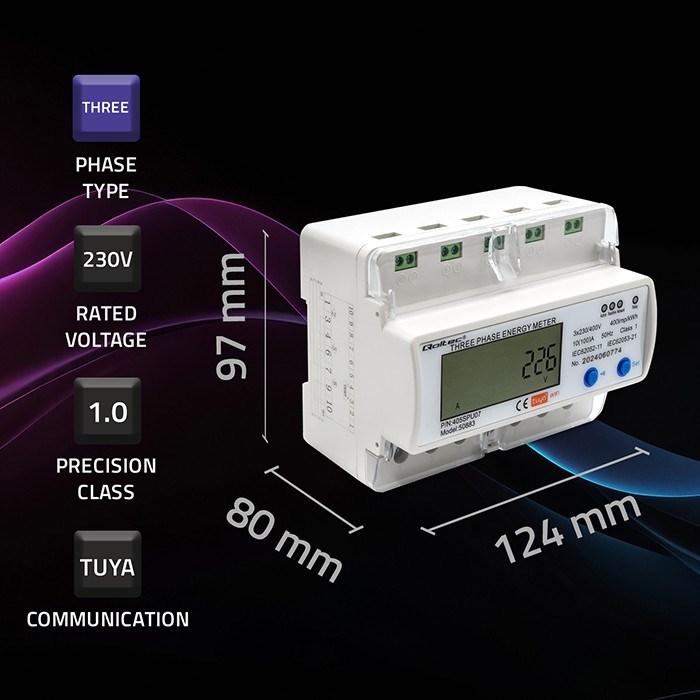 Produktbild Qoltec 50883 Three phase electronic energy consumption meter for DIN rail | Wi-Fi | TUYA | 400V | LC