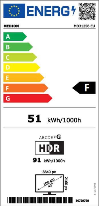 Label énergétique Medion LIFE® X14373 (MD 31256) TV QLED Android (43", QLED, 4K)