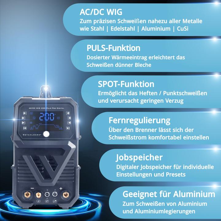 Image du produit Stahlwerk Poste à souder sous protection gazeuse AC/DC TIG 200 Puls Pro Digital Spot 200 A