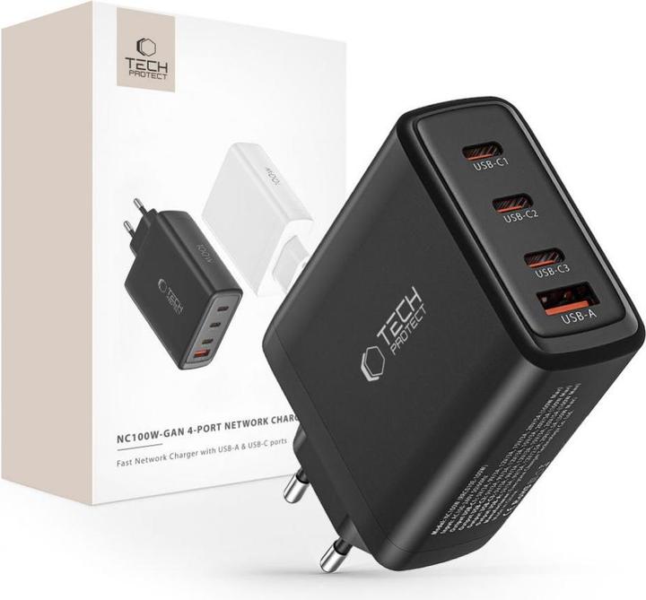 Actual product image Tech-Protect NC100W-GAN GaN network charger 3x USB-C PD 100W / USB-A QC 3.0 - black (100 W)