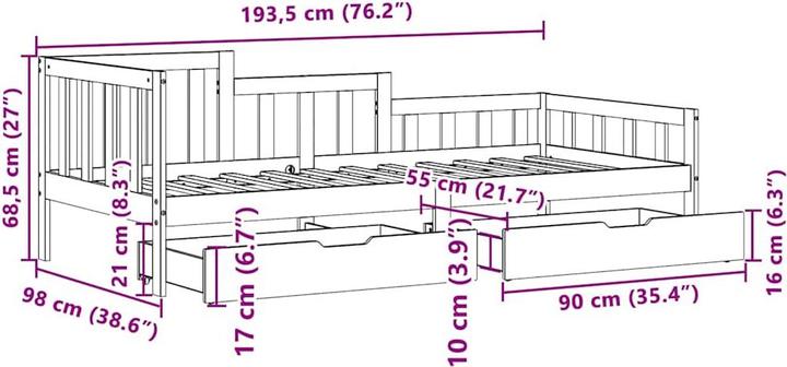 Produktbild VidaXL Tagesbett Gästebett Bettsofa Schlafsofa Schubladen 90x190cm Massivholz (90 x 190 cm)