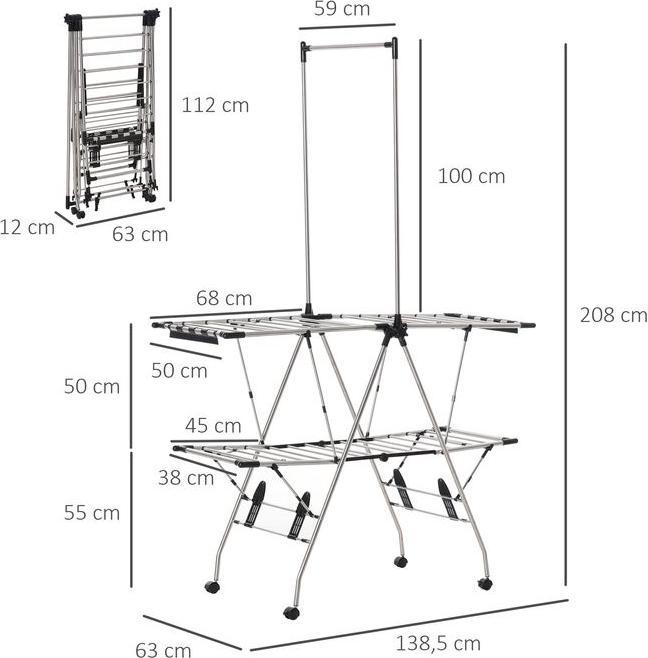 Actual product image Swisshandel24 Folding clothes horse with telescopic poles, stainless steel 138.5x63x208cm