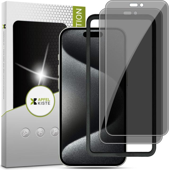 Produktbild Apfelkiste - Privacy Panzer Glas Displayschutzfolie mit Montagerahmen (2er Set) (2 Stück, Apple iPhone 15 Pro Max)