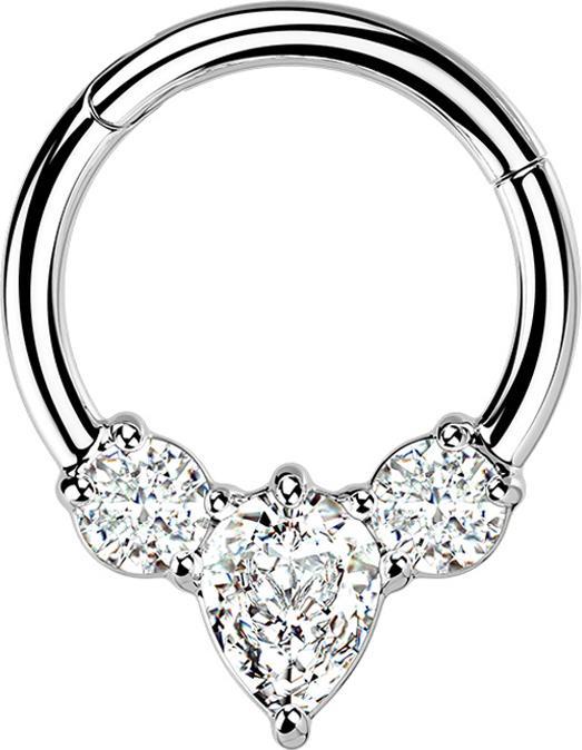 Star Piercing Micro Segmentring klappbar silber Tropfen zwei runde Kristalle silber (ohne Messing, Chirurgenstahl 316L)