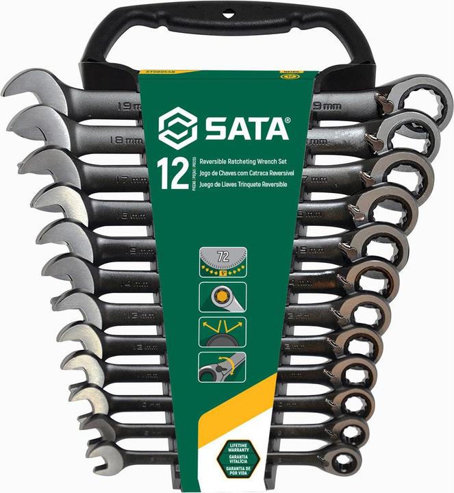 SATA ST08044B Umschaltknarrenschlüssel-Set, metrisch, 12-teilig, Schwarz Edition, Grün