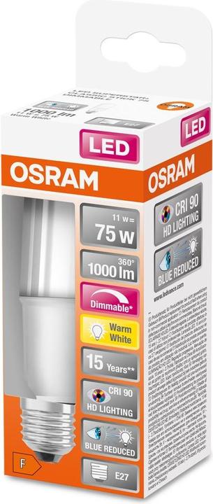 Actual product image Osram LED stick lamp Superstar Plus matt E27 11W 1000lm warm white 2700K dimmable 90Ra like 75W (E27, 11 W, 11 lm, 1 x)
