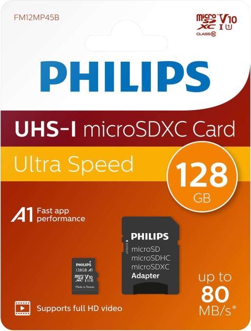 Actual product image Philips MicroSDXC Class 10 UHS-I U1 with adapter (128 GB, microSDXC, U1, UHS-I)
