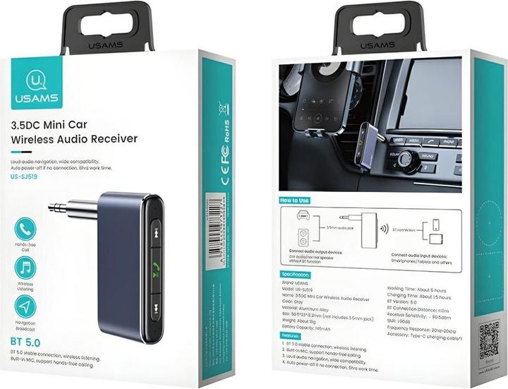 Produktbild Usams Adapter audio Bluetooth 5.0 - jack 3.5mm szarygrey SJ519JSQ01 US-SJ519 (Sender & Empfänger)