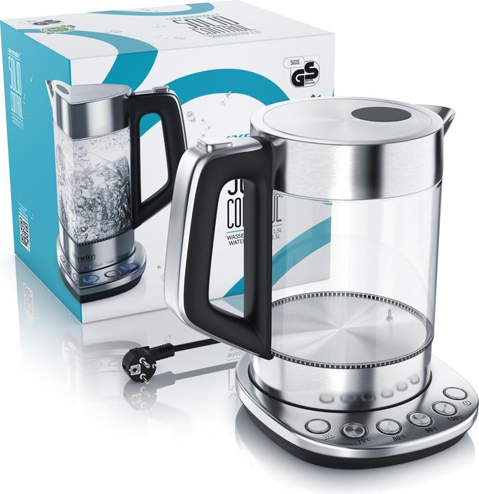 Immagine prodotto Arendo Bollitore da 1,5 l, 2200 W, acciaio inox e vetro con stazione base, impostazione temperatura 70° C (1.50 l)