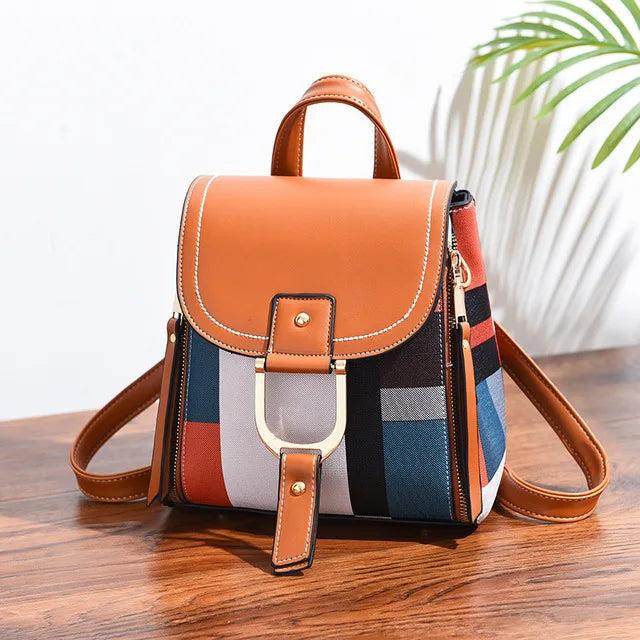 Only-Bags.Store Splice backpack PU leather chequered backpack multifunctional knapsack teenager school bag leisure