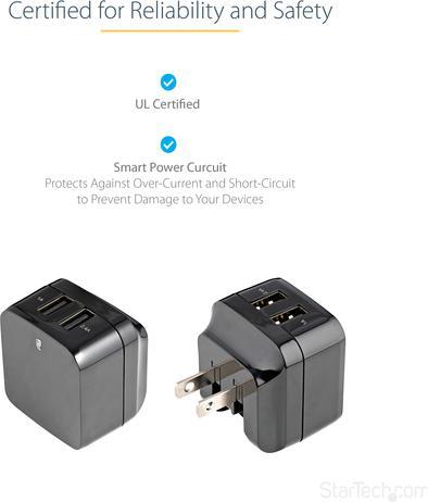 Actual product image StarTech 2 Port USB Charger / Power Supply - Dual Charging Plug 17 Watt / 3.4 Amp - Dual Travel Charger 110 (17 W)