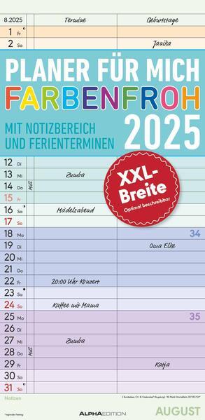 Immagine prodotto Alpha Edition Planner for me XL 2025 per la famiglia, 22x45cm, calendario familiare con 2 colonne per (22 x 45 cm, Copertina rigida, Tedesco)