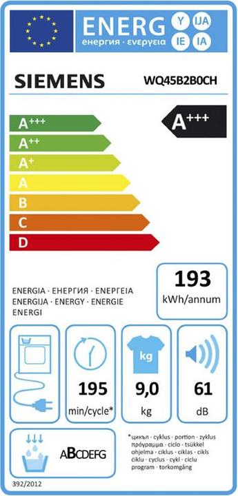 Energie-Label Siemens WQ45B2B0CH (9 kg, Rechts, CH-Stecker)