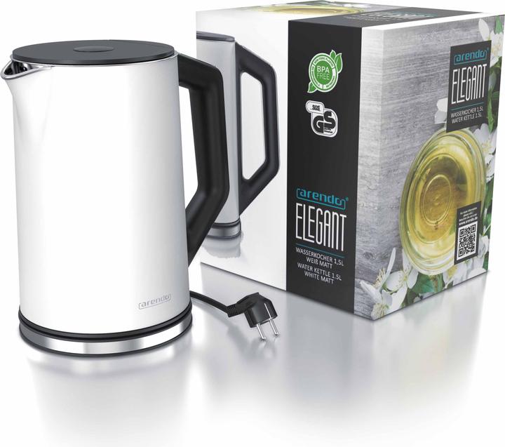 Produktbild Arendo Edelstahl Wasserkocher 1,5 l 2200 W, Doppelwand, Temperaturwahl 40 - 100°C mit Anzeige, weiss matt (1.50 l)