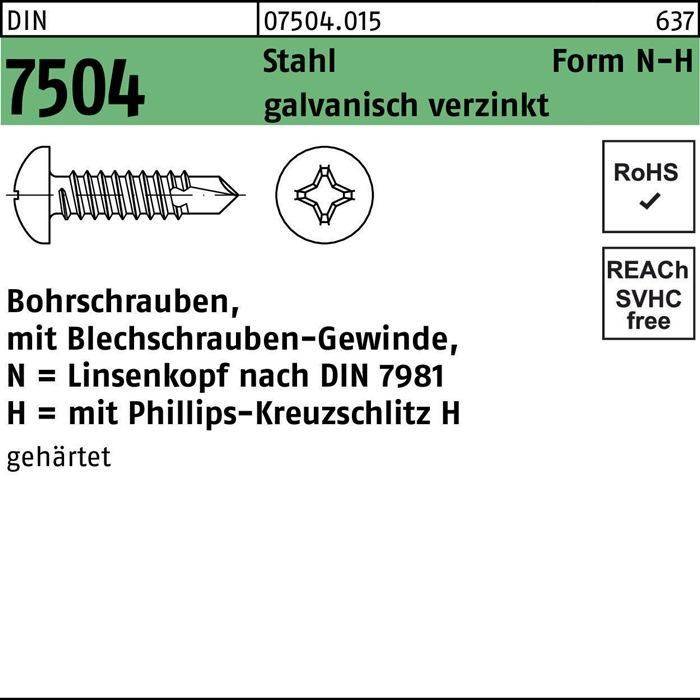 Produktbild Bohrschraube DIN 7504 m.Linsenkopf N 4,8 x 100 -H Stahl galvanisch verzinkt galvanisch verzinkt /... (250 Schrauben pro Stück)