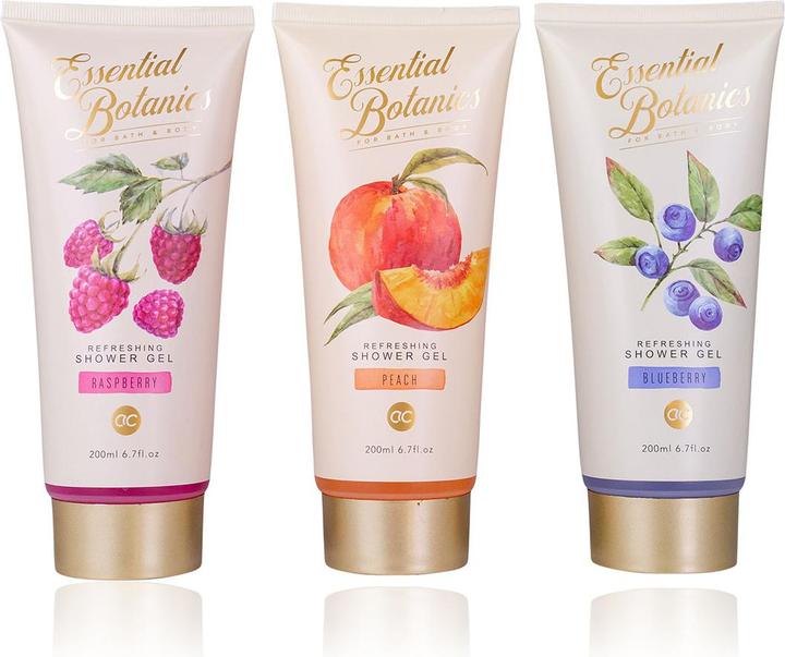 Accentra Duschgel ESSENTIAL BOTANICS - FRUITS in Tube, 200ml, 3 Motive/Düfte sortiert: Himbeere/Pfirsich/Blau (200 ml)