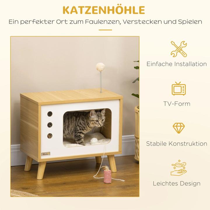 Image du produit PawHut Cave à chat design TV avec jouets et coussins, chêne, 50x28x43cm (Chat)