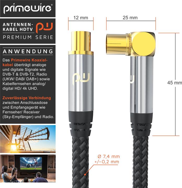 Produktbild Primewire Antennenkabel gewinkelt mit Braiding, Koaxialkabel 75 Ohm HDTV, Radio, DVB-T2 TV Antennen Kabel (135 dB, Antennenkabel)