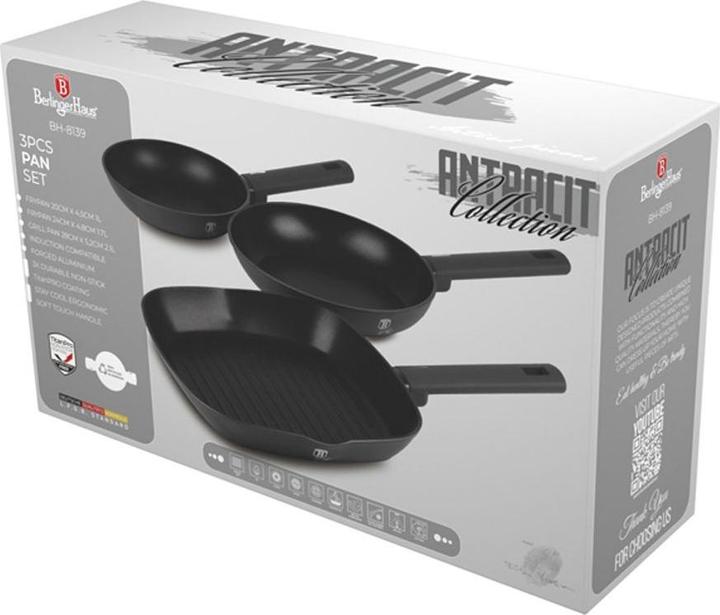 Actual product image BerlingerHaus Haus 3-teiliges Bratpfannen Set Ø 20/24cm + 28 cm Grillpfanne matt Anthracite Collection (28 cm, Grill pan, Frying pan, Aluminium)