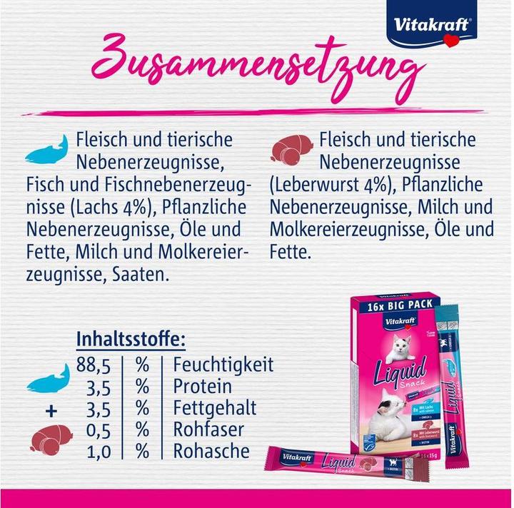 Nutritional values and ingredients Vitakraft Liquid Snack Multipack with Liver Sausage and Salmon MSC for cats 16x15gr (58000) (Junior, 16 pcs., 240 g)