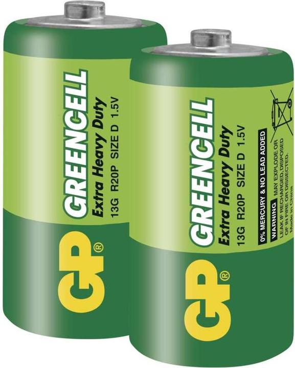 Produktbild GP Batteries Greencell D, Einwegbatterie, D, Zinkchlorid, 1,5 V, 2 Stück(e), Grün (2 Stk., D)