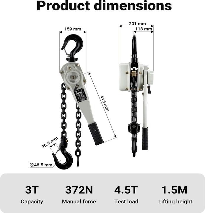 Image du produit Wiltec Palan à levier Chaîne manuel VGP Capacité 3t Hauteur levage 1,5m Moufle