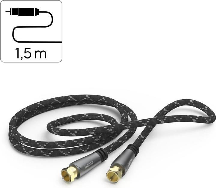 Immagine prodotto Hama Cavo di collegamento SAT, spina F - spina F, metallo, placcato oro, 1,5 m, 120 dB (120 dB, Cavi antenna)