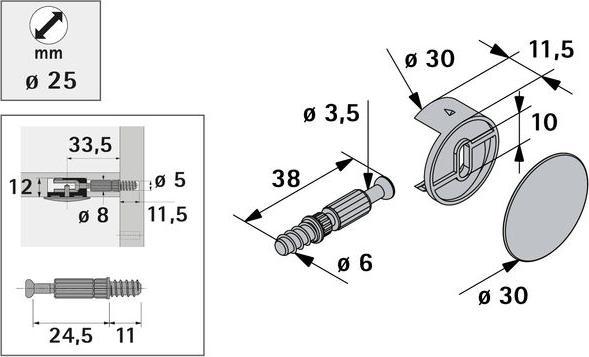 Immagine prodotto Hettich Verbindungsbeschlag 25/24,5 mm, verzinkt (Raccordo di collegamento, 8 pz.)