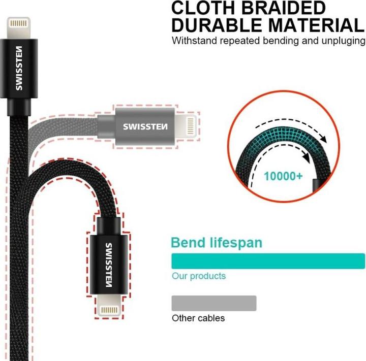 Image du produit Swissten Câble de données textile USB / Lightning MFi 1.2 M (1.20 m, USB 3.2 Gen 1)