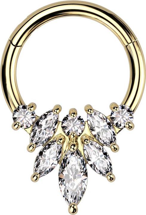 Star Piercing Micro Segmentring klappbar vergoldet drei runde und vier Ovale Kristalle silber (Messing, Chirurgenstahl 316L)