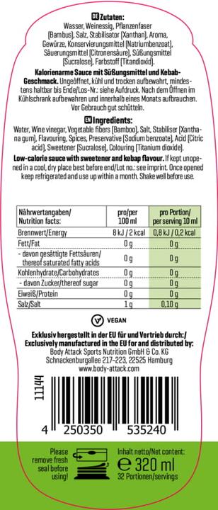 Nutritional values and ingredients Body Attack Kebab sauce (320ml)