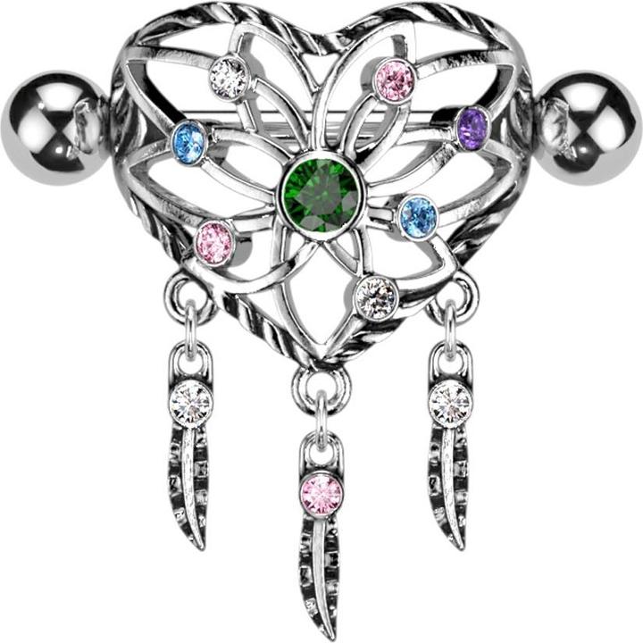 Star Piercing Barbell silber mit zwei Kugeln Schild Herz Traumfänger mit farbigen Kristallen (Chirurgenstahl 316L, Messing)