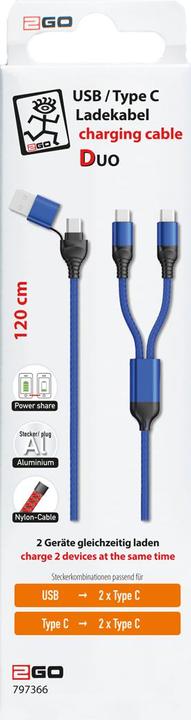 Produktbild 2GO USB / Type C Ladekabel DUO Type C blau 120cm (1.20 m)