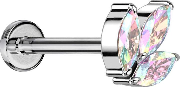 Star Piercing Micro Threadless Labret silber drei Oval Kristalle multicolor (ohne Messing, Titan G23)