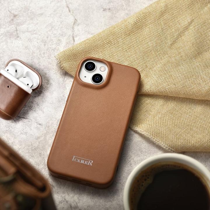 Actual product image iCarer CE Premium Leather Folio Case iPhone 14 Plus Magnetic Flip Leather Folio Case MagSafe Brown ( (Apple iPhone 14 Plus)