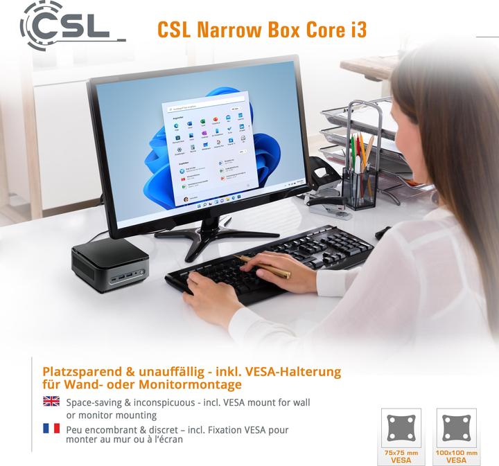 Actual product image CSL Mini PC Narrow Box Core i3 / 16GB / 500 GB M.2 SSD / Win 11 Home (Intel Core i3-N305, 16 GB, 500 GB, Intel UHD Graphics)