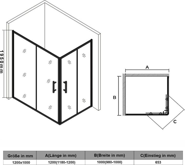 Actual product image SONNI shower door 100 x 100 cm black corner entry shower cubicle safety glass sliding door corner sh (120 cm, 195 cm)